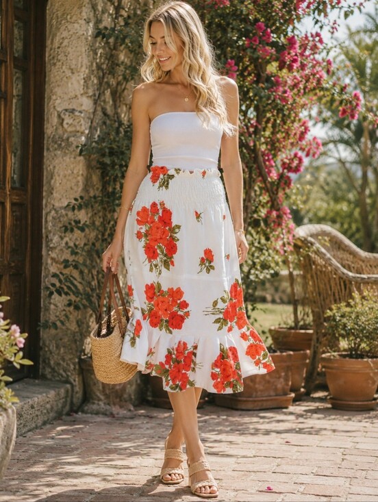 Handmade Dresses & Skirts - 100% linen floral rose skirt